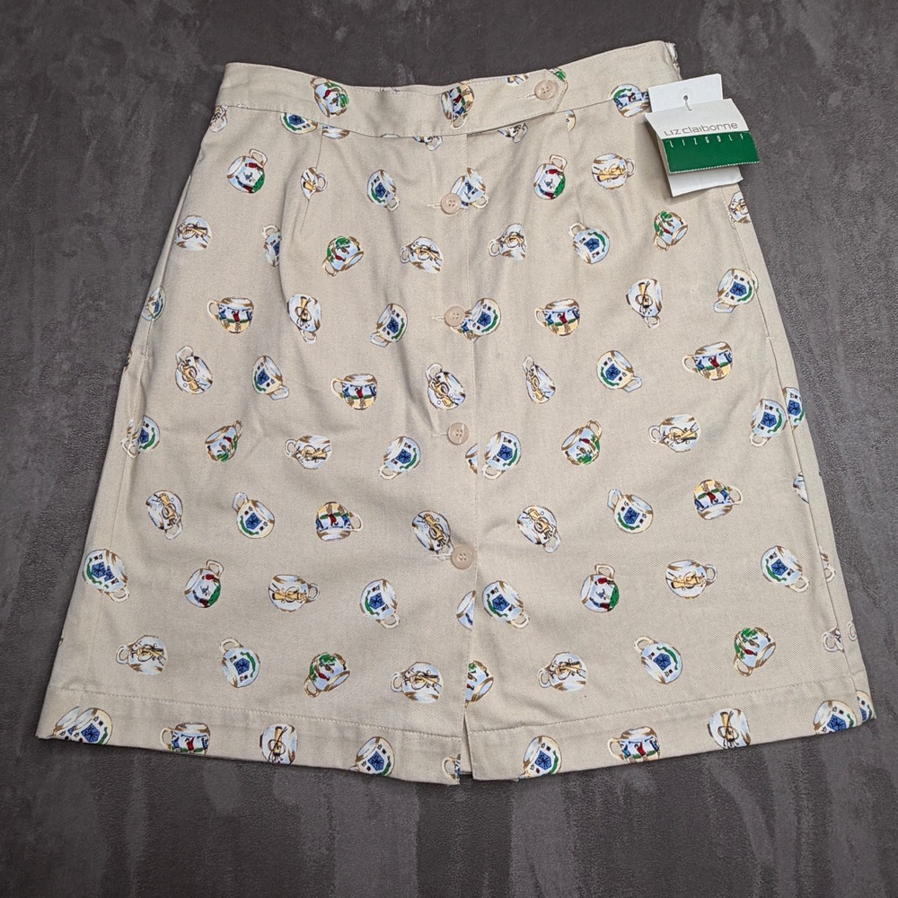 NWT Liz Claiborne Golf Skort Women 10 Beige Vtg Trophy Print Button Front Cotton